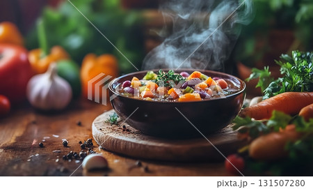 Hot and Hearty Vegetable Soup with Fresh Herbs and Spices 131507280