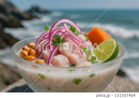 Fresh Ceviche Bowl With Lime Red Onion And Cilantro By The Ocean 131507404