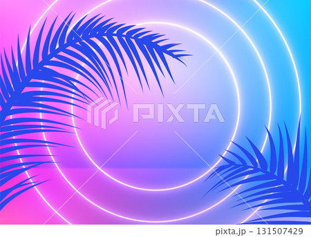 Neon tropical background palm leaves glowing lines gradient pink blue sunset summer retro minimal 131507429