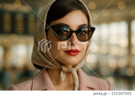 Elegant Woman With Cat Eye Sunglasses And Silk Scarf Elegant Woman With Cat Eye Sunglasses And Silk Scarf 131507505