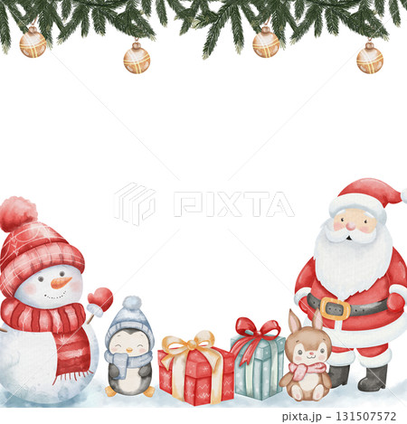 Cute watercolor Christmas illustration featuring Santa Claus, snowman, penguin, rabbit, gift boxes, fir branches, and decorations. Festive template with space for text on white background Cute watercolor Christmas illustration featuring Santa Claus, snowman, penguin, rabbit, gift boxes, fir branches, and decorations. Festive template with space for text on white background 131507572