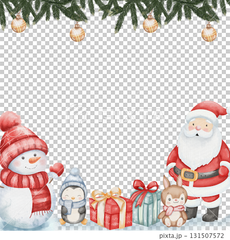 Cute watercolor Christmas illustration featuring Santa Claus, snowman, penguin, rabbit, gift boxes, fir branches, and decorations. Festive template with space for text on white background Cute watercolor Christmas illustration featuring Santa Claus, snowman, penguin, rabbit, gift boxes, fir branches, and decorations. Festive template with space for text on white background 131507572