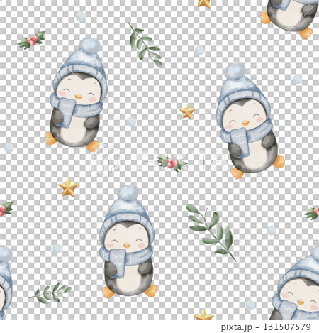 Seamless watercolor pattern with cute penguin wearing blue hat and scarf. Gold stars, green twigs, red berries on white background. Children style illustration. The spirit of Christmas and New Year Seamless watercolor pattern with cute penguin wearing blue hat and scarf. Gold stars, green twigs, red berries on white background. Children style illustration. The spirit of Christmas and New Year 131507579