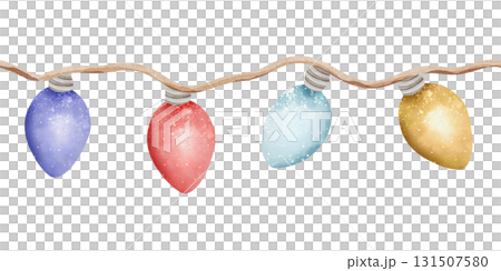 Seamless watercolor border with multicolored lights on string. Festive garland, decorative illumination. Blue, red, yellow, and green lights on white background 131507580