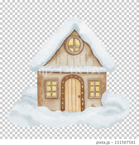 Cozy snow-covered wooden house with warm light shining from windows, garlands on the doors, illuminations. roof and snowdrifts around the house. Watercolor illustration isolated on white background Cozy snow-covered wooden house with warm light shining from windows, garlands on the doors, illuminations. roof and snowdrifts around the house. Watercolor illustration isolated on white background 131507581