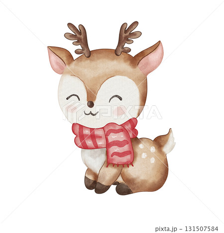 Watercolor illustration of a cute Christmas reindeer wearing a red scarf. Sitting. Santa Claus's helper. Winter theme Watercolor illustration of a cute Christmas reindeer wearing a red scarf. Sitting. Santa Claus's helper. Winter theme 131507584
