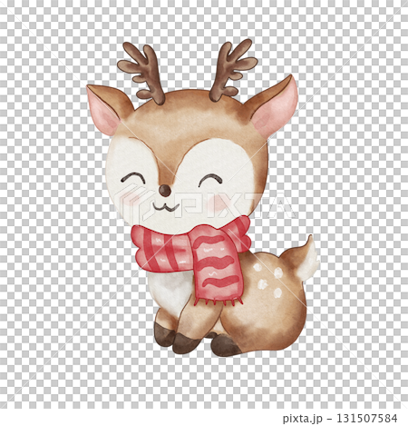 Watercolor illustration of a cute Christmas reindeer wearing a red scarf. Sitting. Santa Claus's helper. Winter theme Watercolor illustration of a cute Christmas reindeer wearing a red scarf. Sitting. Santa Claus's helper. Winter theme 131507584