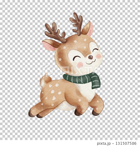 Cute deer with pink cheeks and green scarf is smiling. Watercolor illustration of an animal. Hand-drawn, isolated on a white background. For New Year, Christmas, or design 131507586