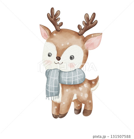 Cute deer with pink cheeks and blue scarf. Watercolor illustration of an animal, Santa Claus helper. Hand-drawn, isolated on white background. For New Year, Christmas, or design Cute deer with pink cheeks and blue scarf. Watercolor illustration of an animal, Santa Claus helper. Hand-drawn, isolated on white background. For New Year, Christmas, or design 131507588