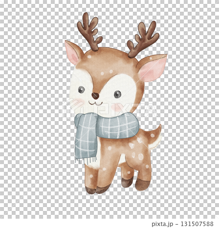 Cute deer with pink cheeks and blue scarf. Watercolor illustration of an animal, Santa Claus helper. Hand-drawn, isolated on white background. For New Year, Christmas, or design Cute deer with pink cheeks and blue scarf. Watercolor illustration of an animal, Santa Claus helper. Hand-drawn, isolated on white background. For New Year, Christmas, or design 131507588