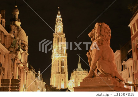 ベルギー 夜のアントワープの街路時から見る聖母大聖堂 ベルギー 夜のアントワープの街路時から見る聖母大聖堂 131507819