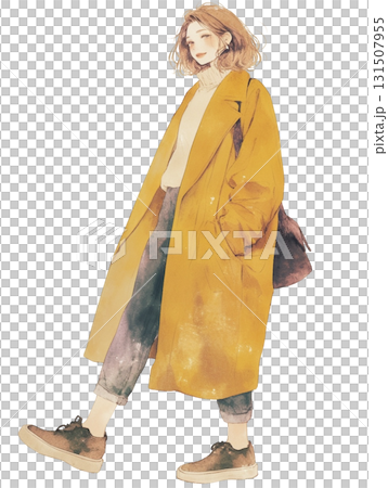 [Female character] A woman in a yellow long coat 131507955