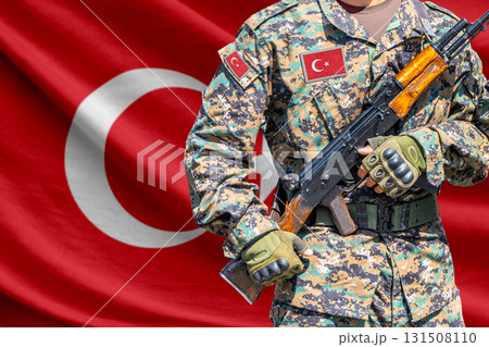 Turkey flag with soldier holding assault rifle 131508110