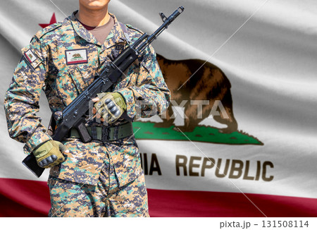 California US state flag with soldier holding assault rifle California US state flag with soldier holding assault rifle 131508114
