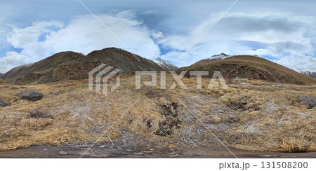 Spherical HDRi panorama of early spring mountains gorge at sunny afternoon in Kyrgyzstan 131508200