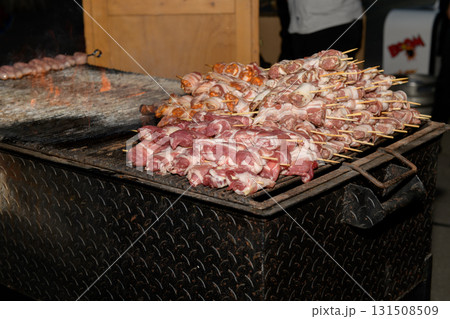 Raw Meat Skewers Ready to grill for a Delicious Feast Outdoors 131508509