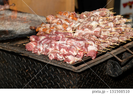 Uncooked Meat Skewers Ready to grill for a Delicious Feast Outdoors 131508510