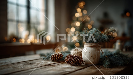 a festive Christmas arrangement on a wooden surface a festive Christmas arrangement on a wooden surface 131508535