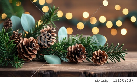 a festive Christmas arrangement on a wooden surface a festive Christmas arrangement on a wooden surface 131508537