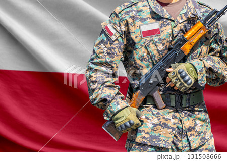 Poland flag with soldier holding assault rifle 131508666