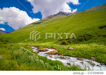 Serene landscape with mountains and river in tranquil nature in Kyrgyzstan Serene landscape with mountains and river in tranquil nature in Kyrgyzstan 131508699