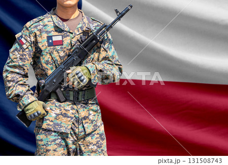 Texas US state flag with soldier holding assault rifle Texas US state flag with soldier holding assault rifle 131508743