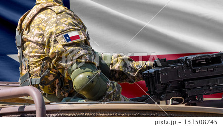 Texas US state flag with soldier at machinegun turret Texas US state flag with soldier at machinegun turret 131508745