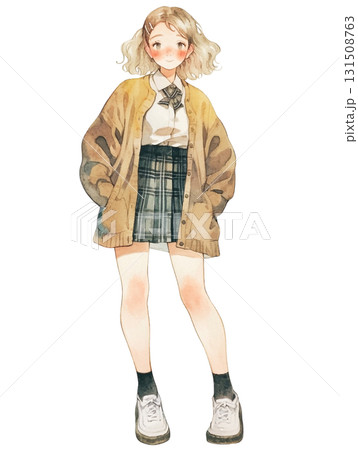 【女性立ち絵】カーディガンと制服風コーデの女の子 131508763