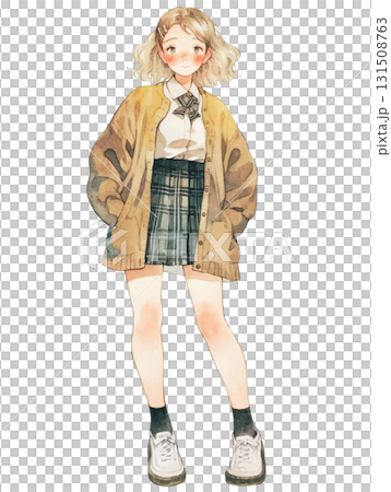 【女性立ち絵】カーディガンと制服風コーデの女の子 131508763
