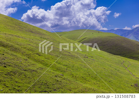 Serene green hills in peaceful mountainous landscape 131508783