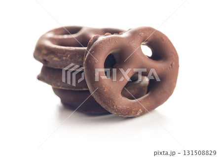 Chocolate covered pretzels isolated on white background. 131508829