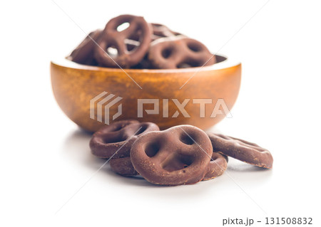 Chocolate covered pretzels isolated on white background. 131508832
