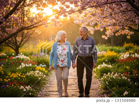 Senior couple holding hands and walking in a blooming garden 131508980