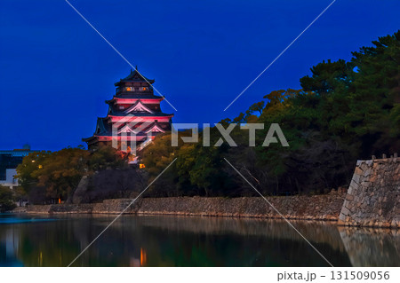 【広島県】内堀から見るライトアップされた広島城の夜景（本丸と天守） 131509056