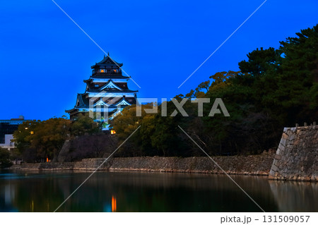 【広島県】内堀から見るライトアップされた広島城の夜景(本丸と天守) 【広島県】内堀から見るライトアップされた広島城の夜景(本丸と天守) 131509057