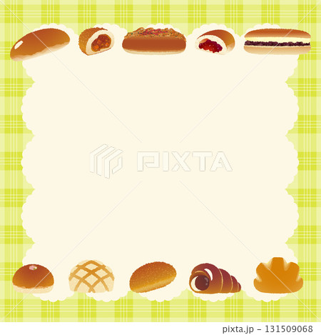 パンのフレーム_懐かしいパン勢揃い_チェック柄のテーブルクロスとランチマット_正方形黄緑色 パンのフレーム_懐かしいパン勢揃い_チェック柄のテーブルクロスとランチマット_正方形黄緑色 131509068