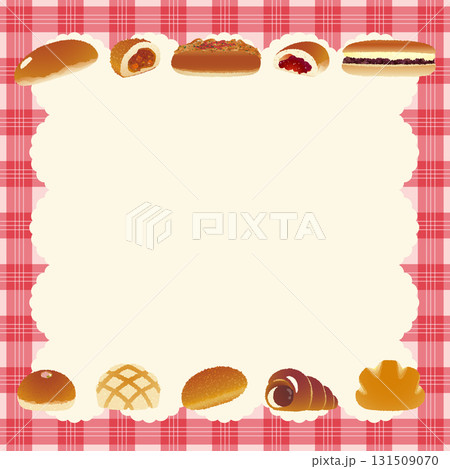 パンのフレーム_懐かしいパン勢揃い_チェック柄のテーブルクロスとランチマット_正方形赤とピンク 131509070