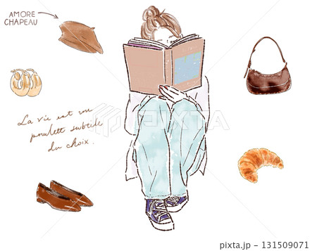 読書するおしゃれな女性のイラストセット 読書するおしゃれな女性のイラストセット 131509071