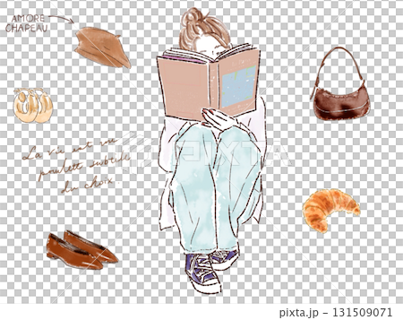 読書するおしゃれな女性のイラストセット 読書するおしゃれな女性のイラストセット 131509071