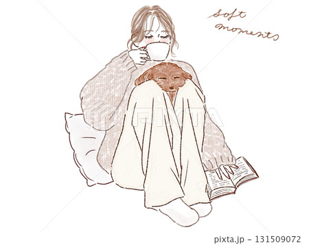 コーヒー飲み読書して座る女性と犬 131509072