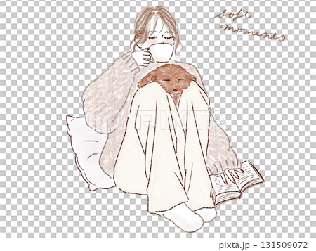 A woman and her dog sitting and drinking coffee and reading 131509072