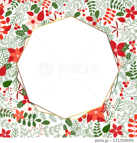Christmas vector background with geometric wreath with poinsettia, pine branches and holly in red and green colors Christmas vector background with geometric wreath with poinsettia, pine branches and holly in red and green colors 131509090