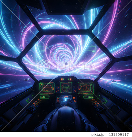 Cockpit view of a spaceship traveling through a wormhole 131509117
