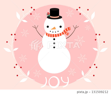 Christmas and New Year Vector greeting Card, Winter holiday illustration design with snowman, pink background, white wreath and snowflakes Christmas and New Year Vector greeting Card, Winter holiday illustration design with snowman, pink background, white wreath and snowflakes 131509212