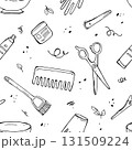 Seamless pattern with hairdressing tools, scissors, combs. Accessories for hairdressers in black color. Doodle vector illustration for textiles and design 131509224
