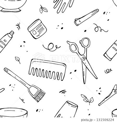 Seamless pattern with hairdressing tools, scissors, combs. Accessories for hairdressers in black color. Doodle vector illustration for textiles and design 131509224