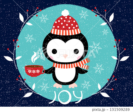 Cute vector greeting card or poster with cartoon penguin with scarf and hat holding a cup of coffee 131509289