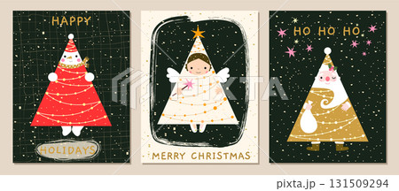 Cute geometric Christmas cards vector set with funny Santa Claus, angel and snowman in the shape of a Christmas tree with lights, with elegant dark background with gold dots for holiday designs, flyer Cute geometric Christmas cards vector set with funny Santa Claus, angel and snowman in the shape of a Christmas tree with lights, with elegant dark background with gold dots for holiday designs, flyer 131509294