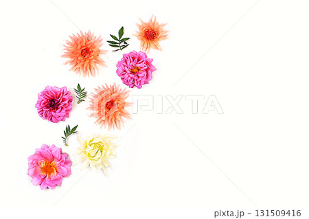 Autumn floral arrangement with dahlia flowers, flat abstract background, minimal concept for holiday, thanksgiving. Mother's Day card, happy birthday, wedding, space for text, selective focus Autumn floral arrangement with dahlia flowers, flat abstract background, minimal concept for holiday, thanksgiving. Mother's Day card, happy birthday, wedding, space for text, selective focus 131509416