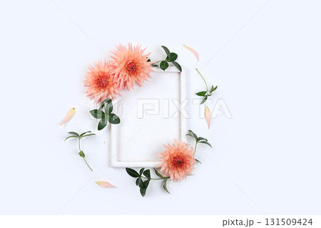 Autumn flower arrangement, flat lay abstract background, minimal concept of holiday, thanksgiving day. Mother's day card, happy birthday, wedding, place for text, selective focus 131509424